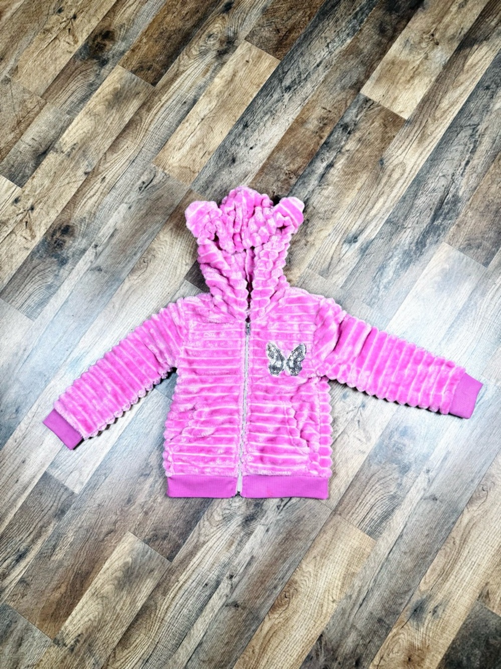Girls Pink Plush Hooded Zip-Up Hoodie with Butterfly Girls 4
